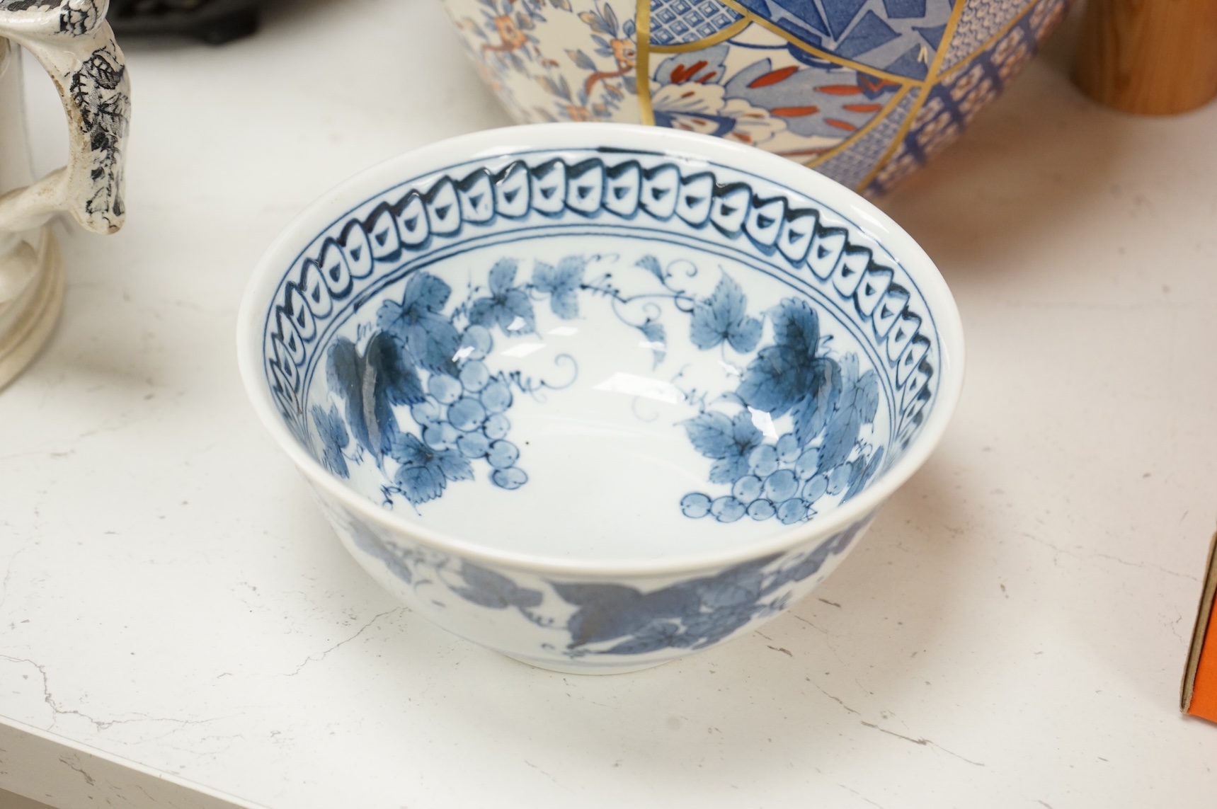 Sundry porcelain and objects to include a pair of Chinese cloisonné enamel bowls and covers, pottery twin handled printed cup and Masons vase, largest 26cm high